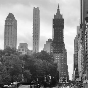 black & white photo of a New York Street with three tall buildings in the background in front of them are trees and a busy street